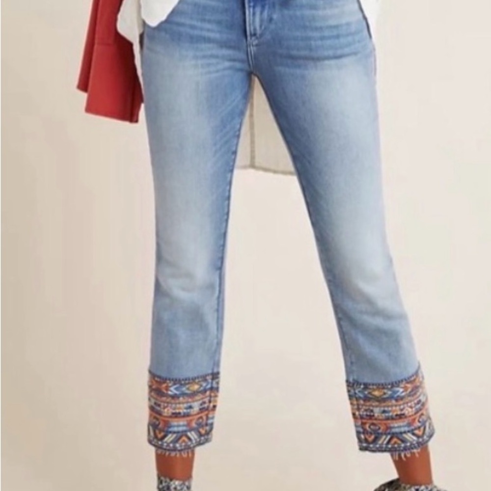 Anthopologie DRIFTWOOD Colette  29 Light Blue Jeans Colorful Embroidered Cuffs